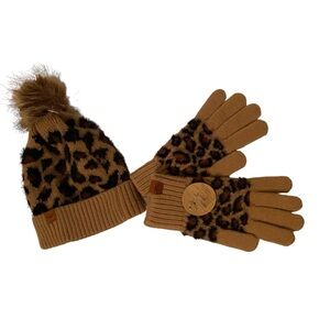 NEW BRITTS KNITS SET ACCESSORY SNOW LEOPARD POM HAT & GLOVES ONE SIZE OS
